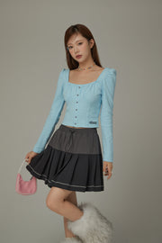 Heart Buttons Square Puff Sleeve Top