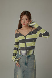 Color Combination Stripe Off The Shoulder Knit Sweater