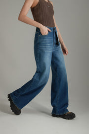 Unbalanced Folded Lettering Wide Denim Jeans