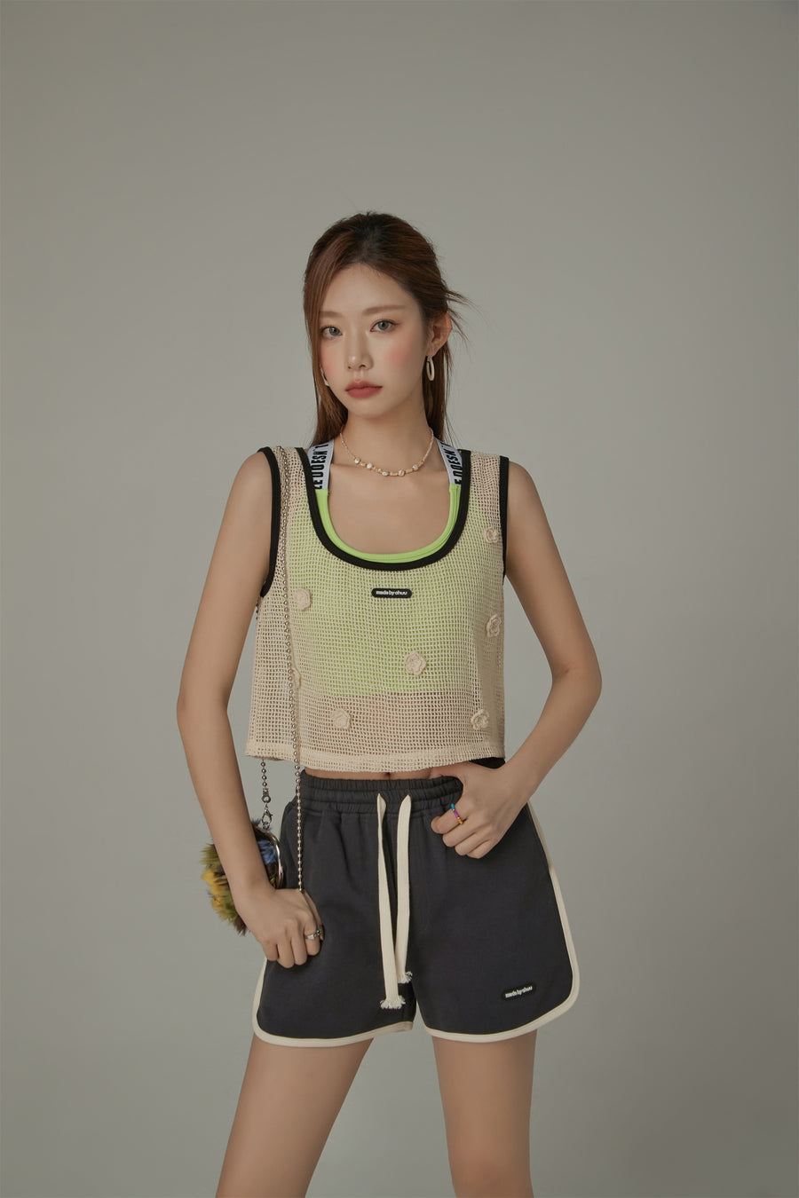 CHUU Crochet Mesh Colorblocked Crop Top