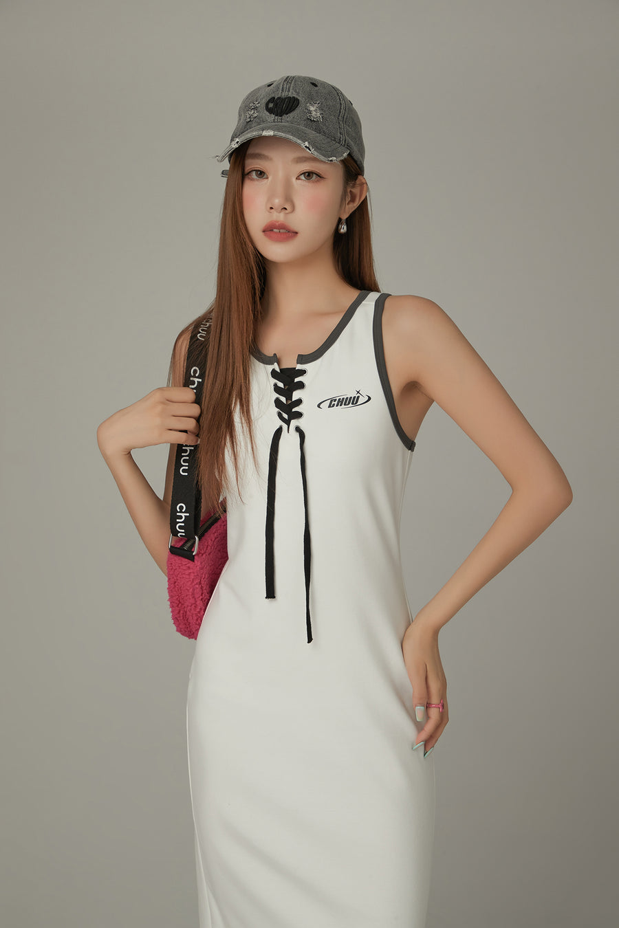 CHUU Lace Up Color Matching Sporty Long Dress