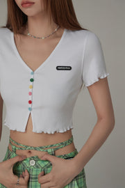 Rainbow Button Raw Hem Cropped T-Shirt