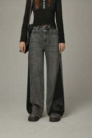 Cut Patchwork Hem Two Toned Denim Jeans