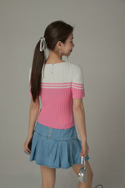 Ribbed Color Blocked Button Short Sleeve Cardigan