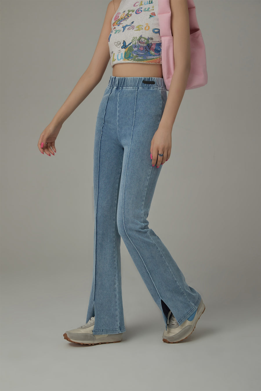 CHUU Elastic Waist Slit Semi Bootcut Pants