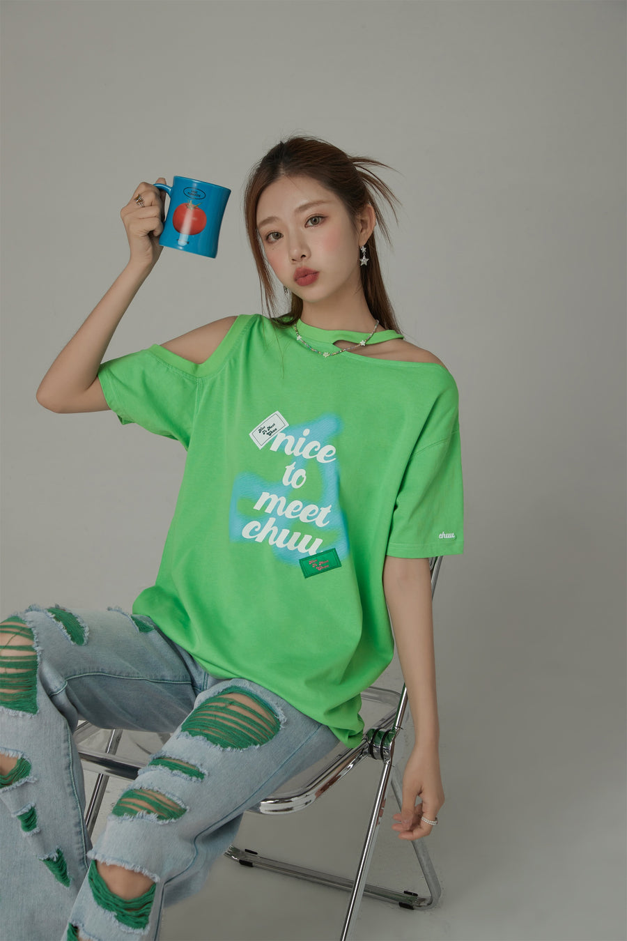 CHUU Nice To Meet Chuu Off-The-Shoulder Cherry T-Shirt