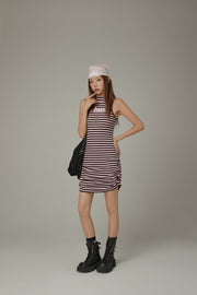 Striped Shirring Sleeveless Dress