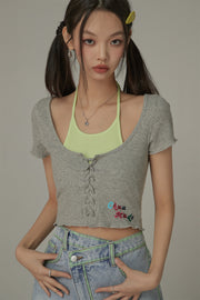 Halter Neck Eyelet Color Blocked T-Shirt