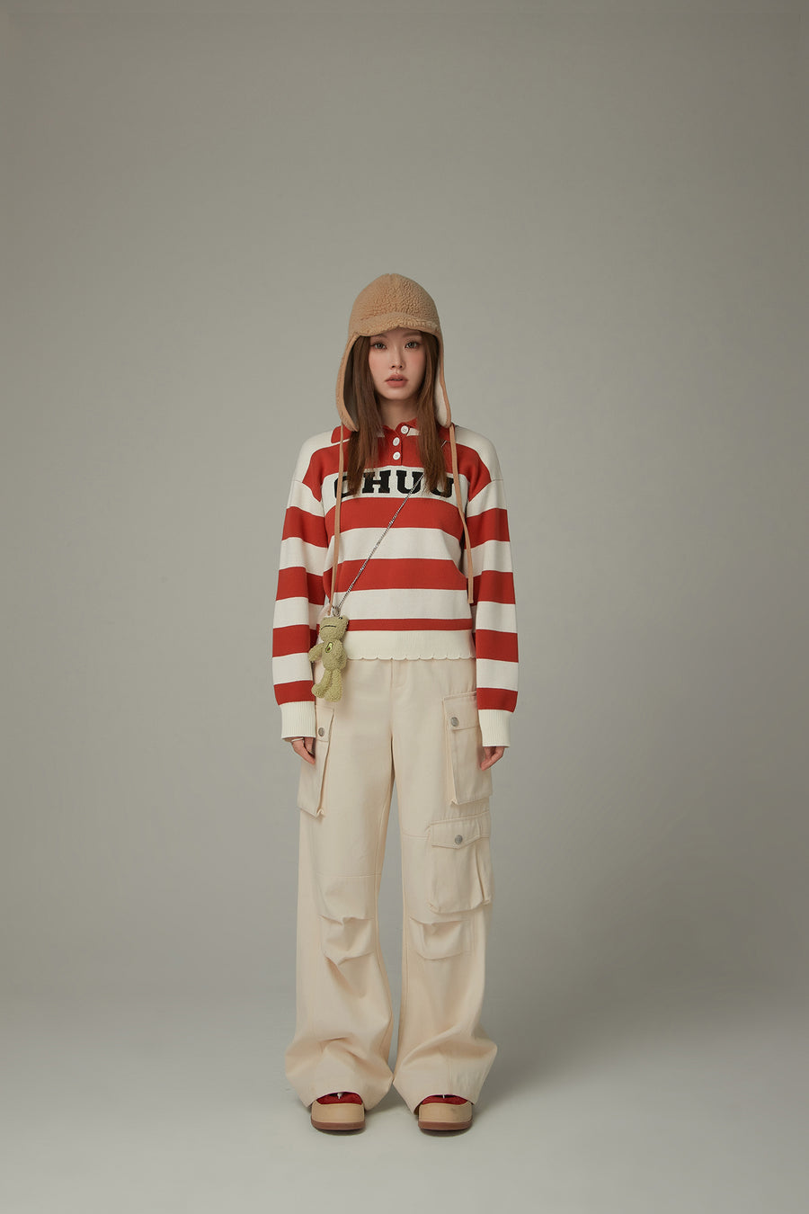 CHUU Polo Neck Striped Knit Top