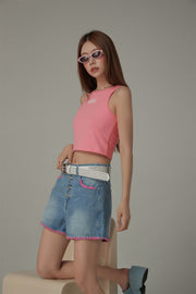 Color Line Button Denim Shorts