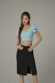 Chuu Sleeve Lettering Big U Neck Crop T-Shirt