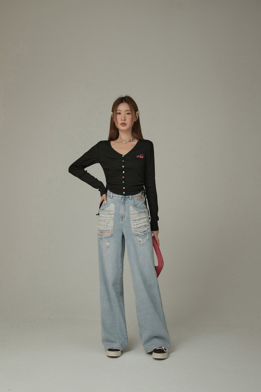 CHUU V- Neck Rainbow Button Logo Tie Up Top