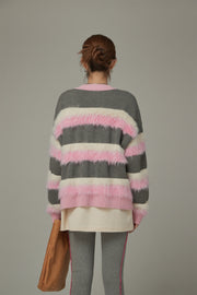 V-Neck Color Combination Stripe Knit Cardigan