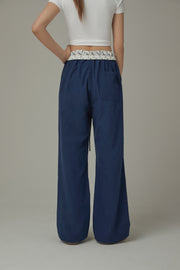 Color Matching Folded Waist Collar String Pants