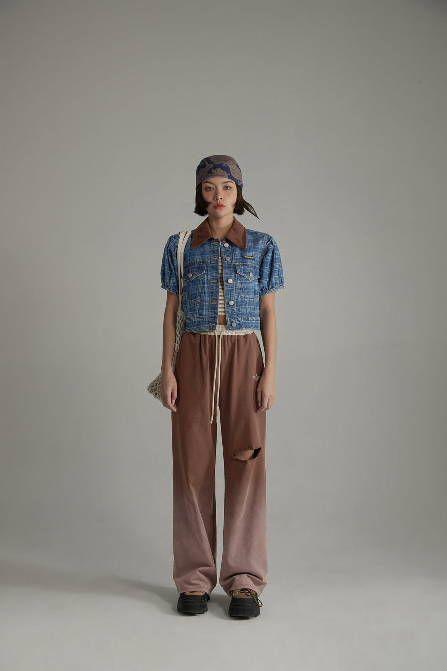 CHUU Vintage Check Puffy Short Sleeve Denim Jacket