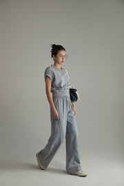 Elastic Waist Casual Diagonal Pocket Wide Leg Pants