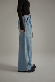 Elastic Waist Washed Wide Denim Jeans