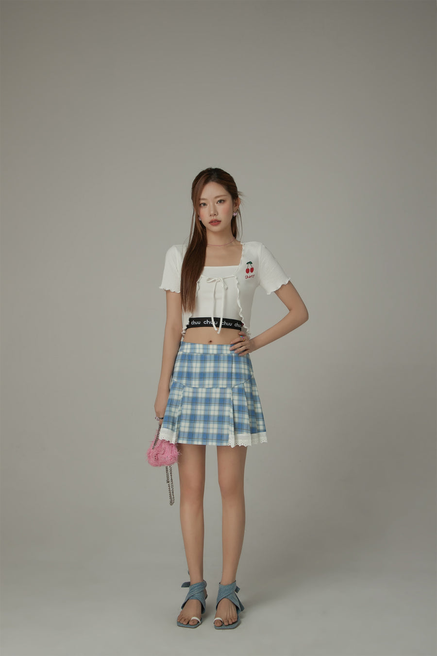 CHUU Checked Lace Hem Mini Skirt