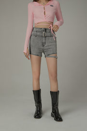 Slim Belted Leg Slit Denim Shorts