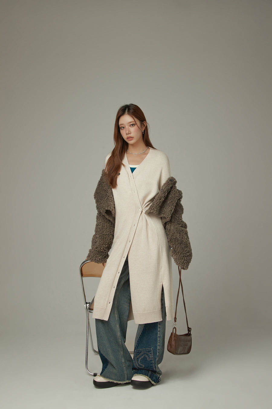 CHUU Slit Wrap Button Knit Long Cardigan