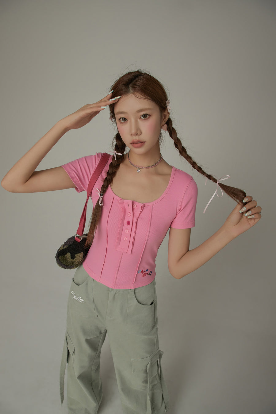 CHUU U-Neck Half Button Top