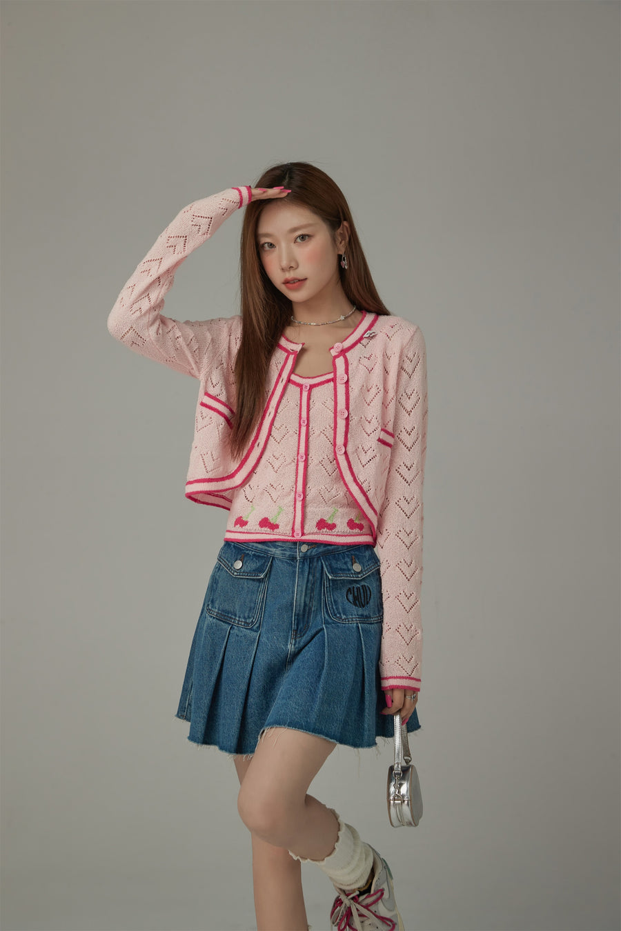 CHUU Dotted Hearts Long Sleeve Knit Cardigan