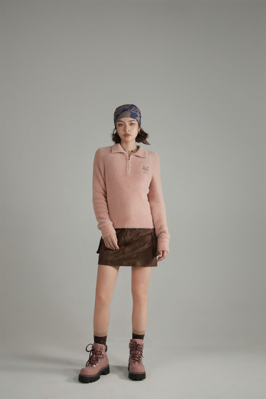 CHUU Mushroom Half Zip-Up Knit Sweater