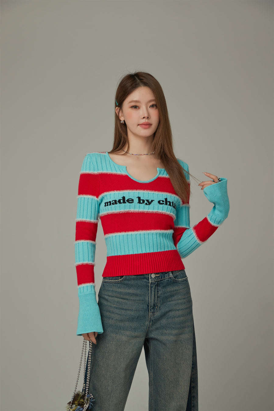 CHUU Logo Color Stripe Knit Sweater