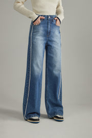 Fringed Lined Wide Denim Jeans