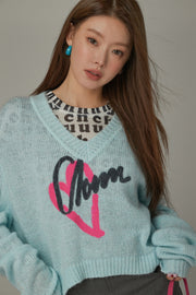 Logo Heart V-Neck Knit Sweater