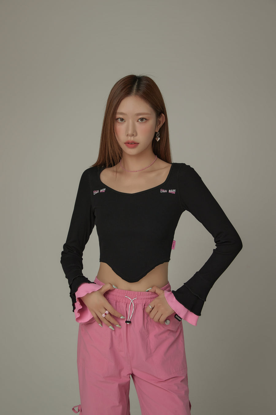 CHUU Ruffle Sleeve Asymmetrical Cut Color T-Shirt