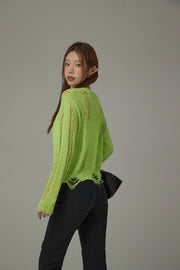 Distressed Long Sleeve Unbalanced Knit Top