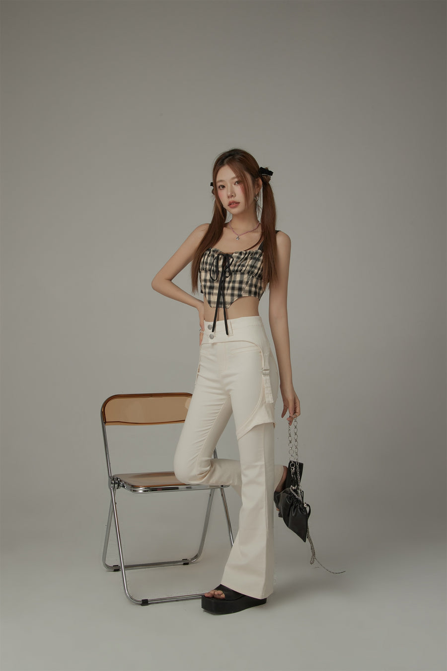 CHUU Check Ribbon Sleeveless Bustier Top