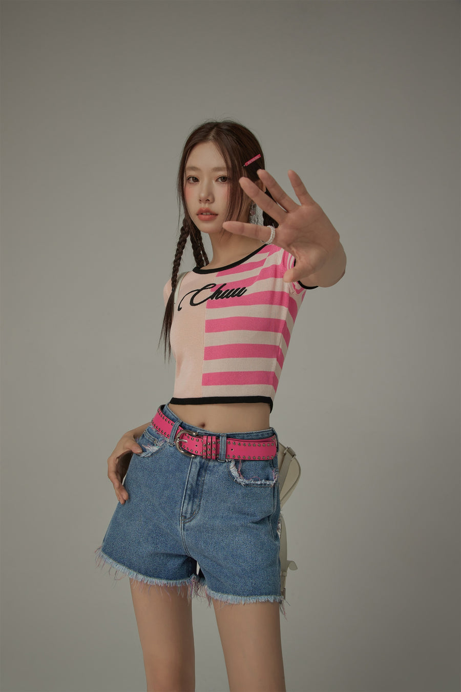 CHUU Chuu Lettering Half Striped Colorblocked Knit Crop Top