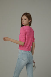 Heart Eyelet Short Sleeves Knit Cardigan