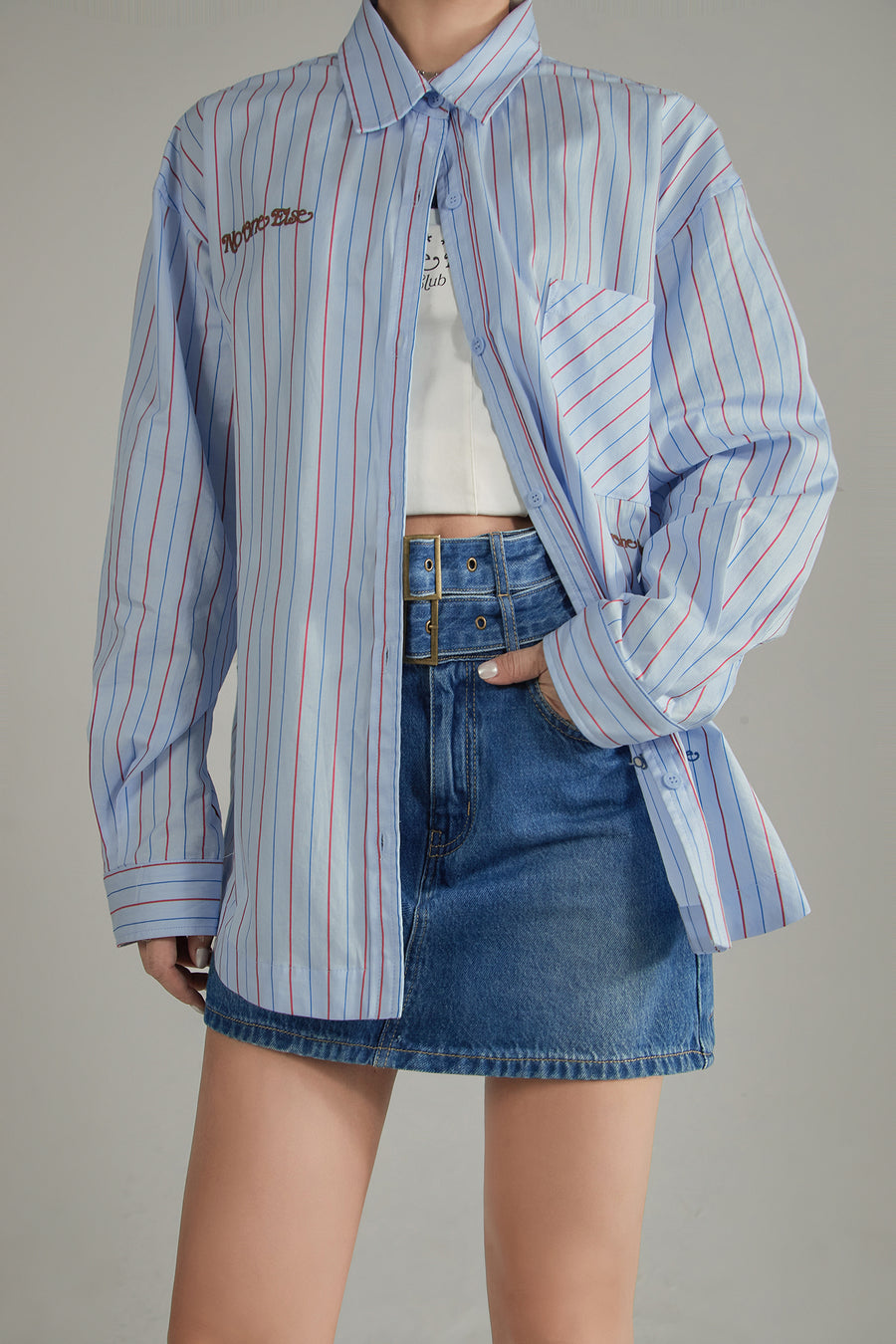 CHUU Embroidered Striped Basic Shirt