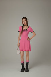 Rainbow Stripe Lettering Ruffle Hem Knit Dress