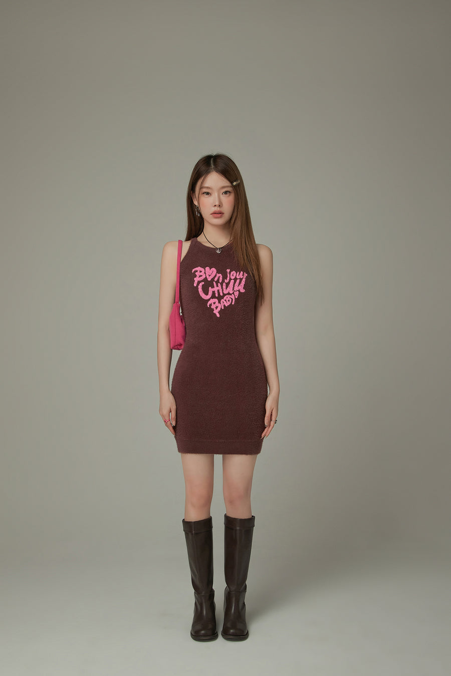 CHUU Bonjour Heart Logo Knit Dress