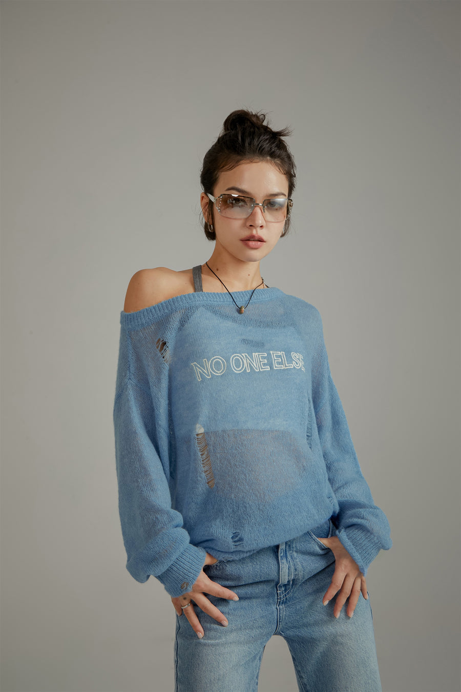 CHUU Distressed Ripped Thin Long Sleeved Knit Sweater