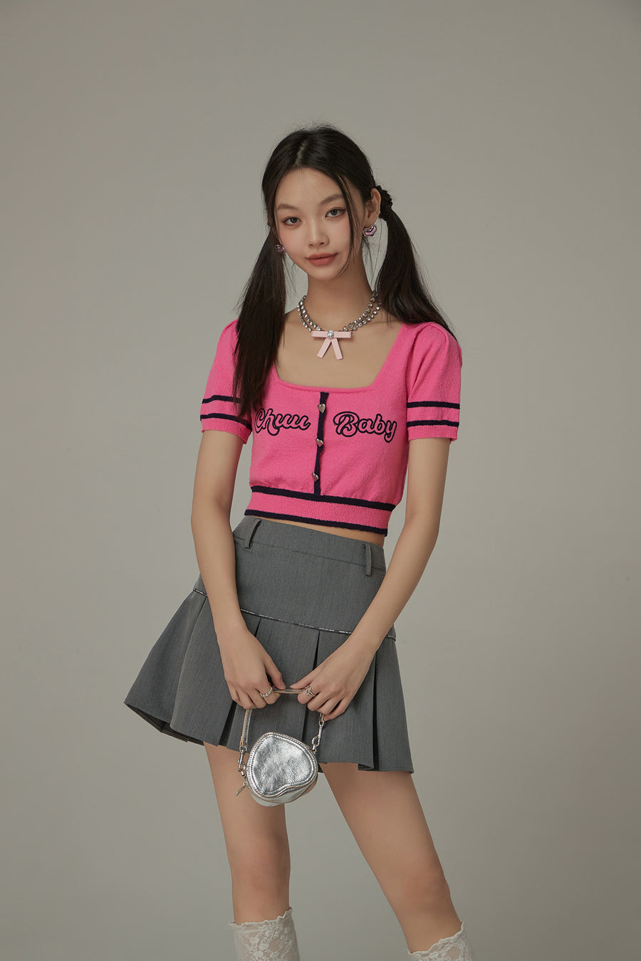 CHUU Chuu Baby Square Neck Heart Button Crop Kniit Top