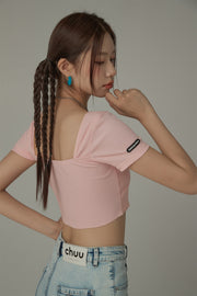 Unbalanced Square Neck Center Ribbon Short Sleeve Top