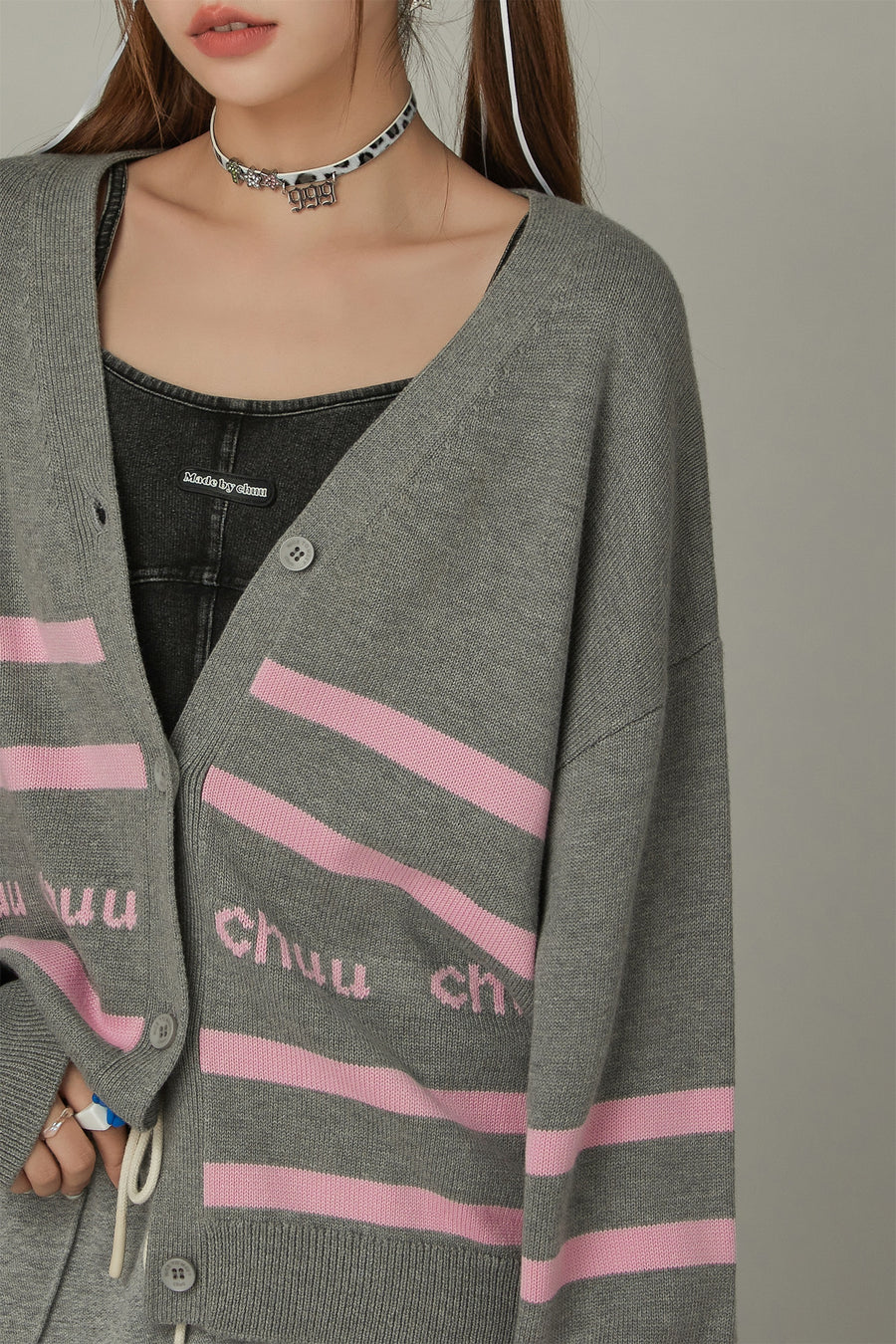 CHUU Lettering Striped Knit Cardigan