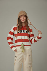 Polo Neck Striped Knit Top