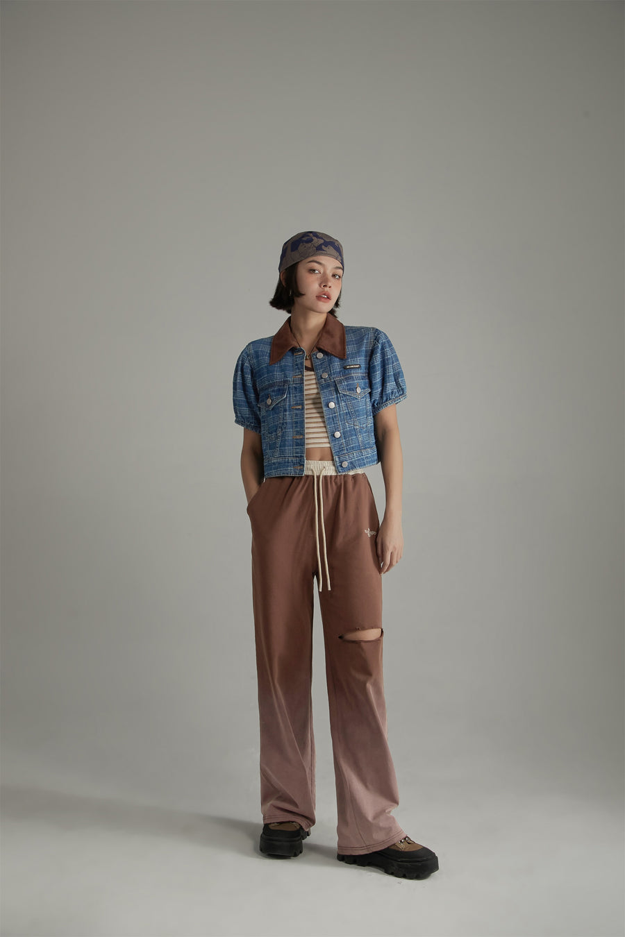 CHUU Vintage Check Puffy Short Sleeve Denim Jacket