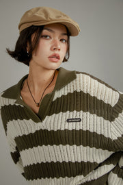 Color Combination Stripe Open Collar Knit Sweater