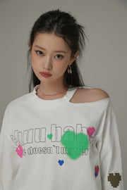 Size Doesnt Matter Open Shoulder Color Hearts Cropped T-Shirt