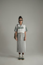 Vintage Distressed Colorblocked Drawstring Letter Embroidered Long Skirt