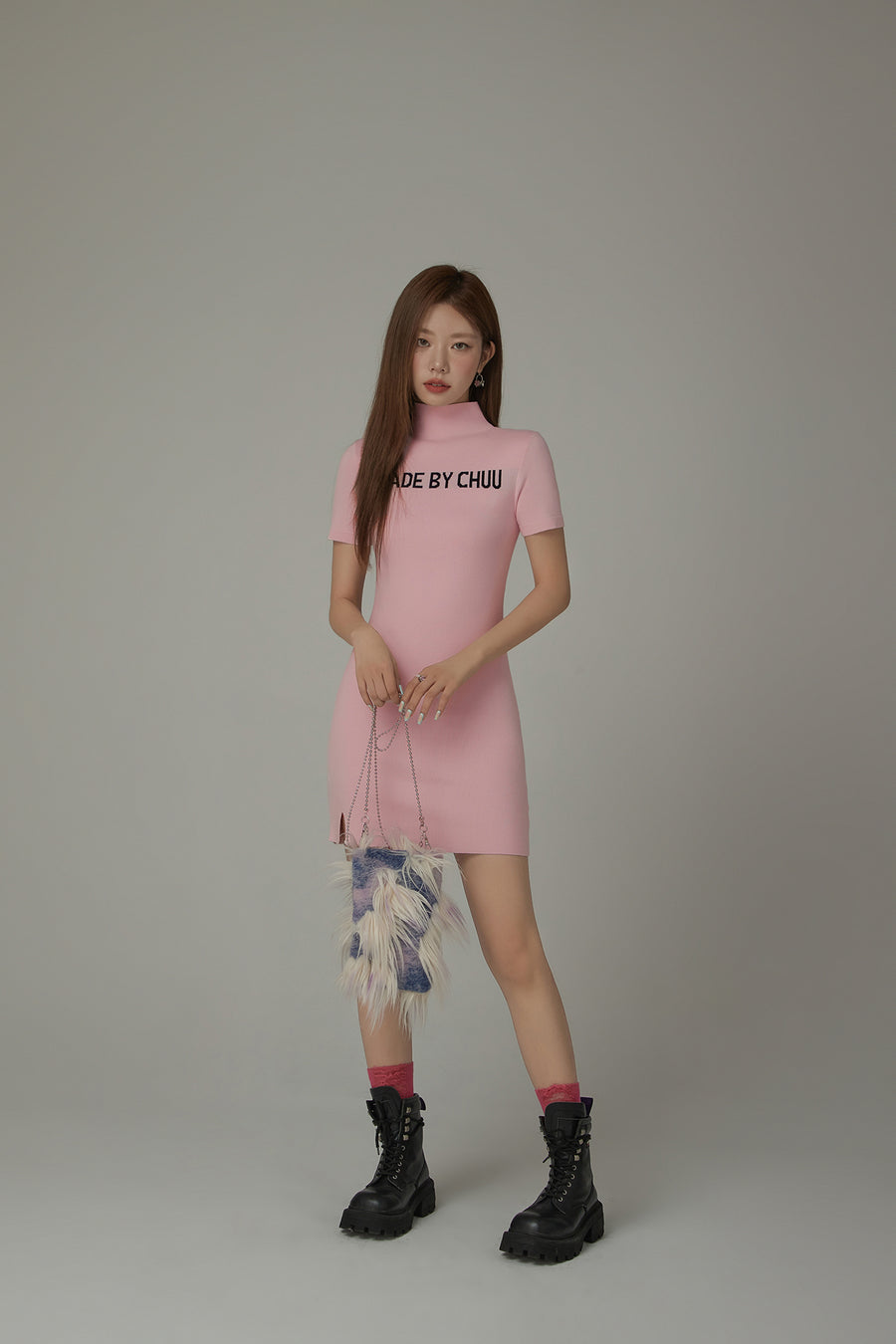 CHUU High Neck Logo Knit Mini Dress