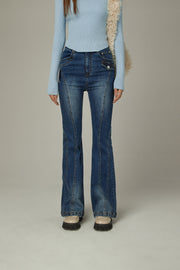 Washed Lined Stitched Semi Bootcut Denim Jeans