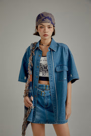 Distressed Embroidered Denim Short Sleeve Shirt